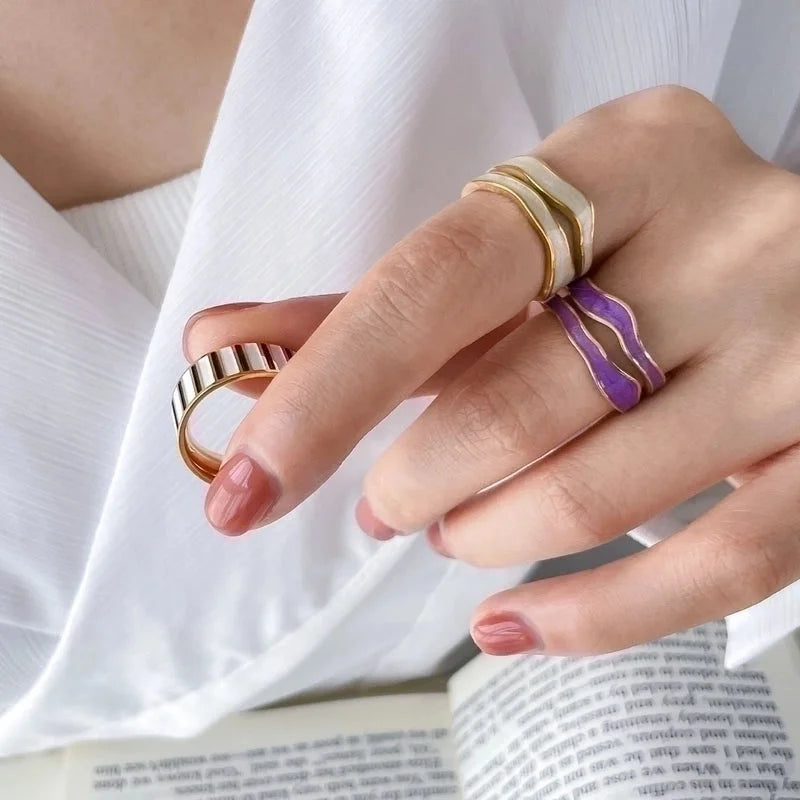 Retro Color Block Titanium Steel Plating Gold Plated Rings