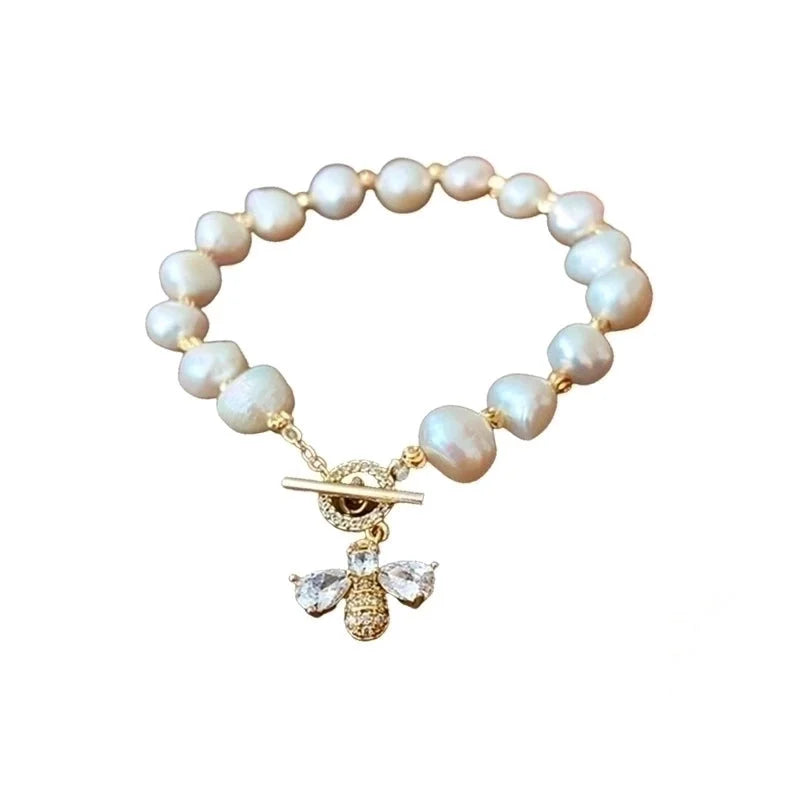 Retro Heart Shape Bee Freshwater Pearl Copper Bracelets