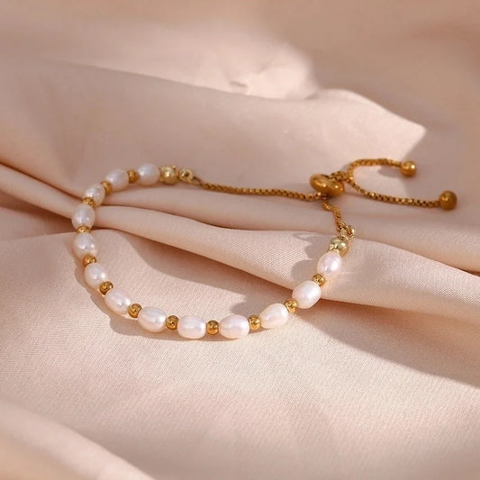 304 Stainless Steel Freshwater Pearl 18K Gold Plated Basic Minimalist Classic Style Plating Round Bracelets