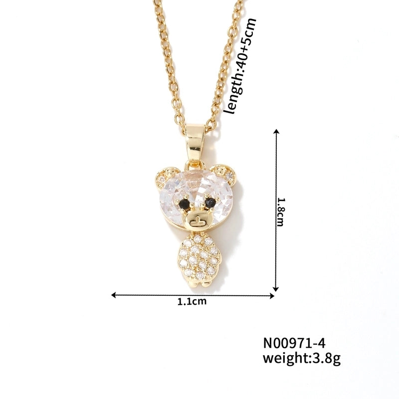304 Stainless Steel Copper Rhodium Plated Inlay Bear Heart Shape Glass Zircon Pendant Necklace