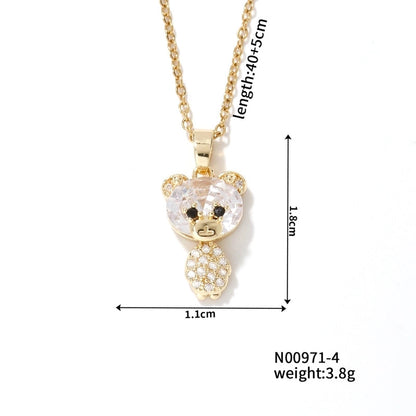 304 Stainless Steel Copper Rhodium Plated Inlay Bear Heart Shape Glass Zircon Pendant Necklace