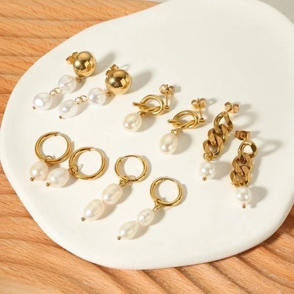 1 Pair Minimalist Round Patchwork 304 Stainless Steel Artificial Pearls Freshwater Pearl 18K Gold Plated Drop Earrings