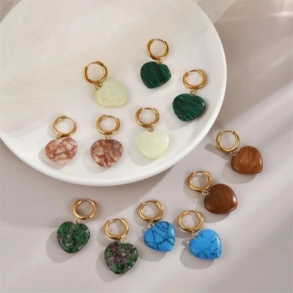 1 Pair Minimalist Heart Shape Plating Stainless Steel Natural Stone Copper 18K Gold Plated Drop Earrings