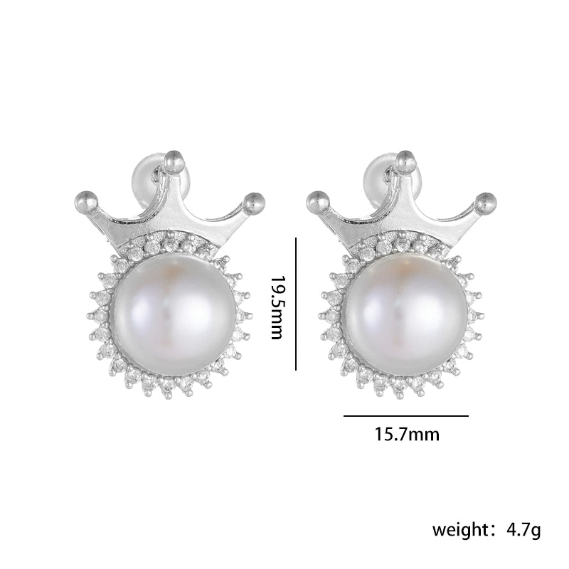 304 Stainless Steel Copper Inlay Crown Artificial Pearls Earrings Necklace