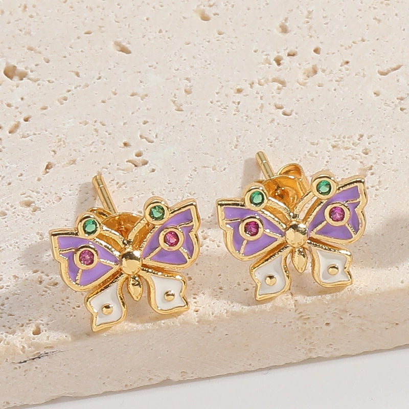 1 Pair Elegant Minimalist Commute Eye Butterfly Enamel Inlay Copper Zircon 14K Gold Plated Ear Studs