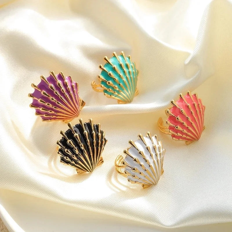 Casual Vacation Beach Shell 304 Stainless Steel 14K Gold Plated Enamel Plating Open Rings