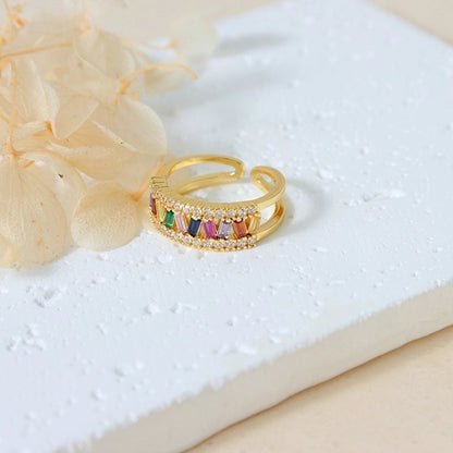 Sweet Round Copper Plating Inlay Rhinestones 18k Gold Plated Open Rings