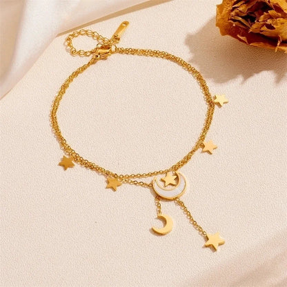 IG Style Elegant Minimalist Star Moon Titanium Steel Acrylic Shell 18K Gold Plated Inlay Anklet Necklace