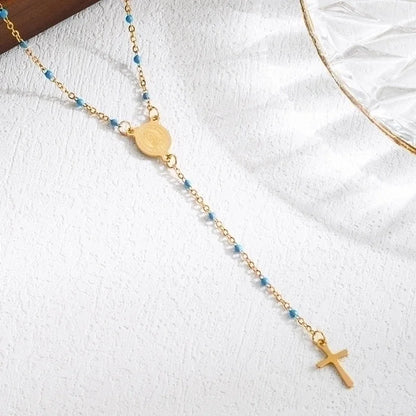 3 Pieces Elegant Classical Cross Virgin Mary Priest Stainless Steel Beaded Plating 18k Gold Plated Necklace