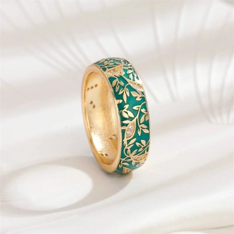 2 Pieces Copper 18K Gold Plated Chinoiserie Vintage Style Lady Epoxy Inlay Round Monogram Zircon Rings