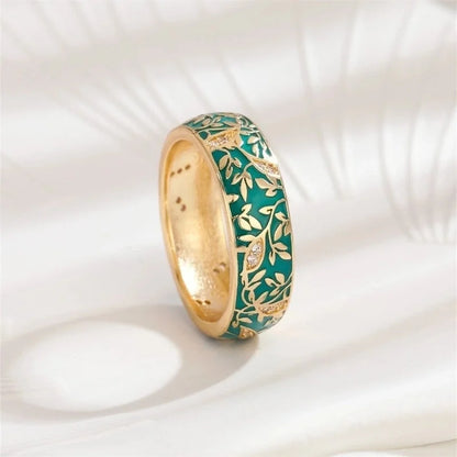 2 Pieces Copper 18K Gold Plated Chinoiserie Vintage Style Lady Epoxy Inlay Round Monogram Zircon Rings