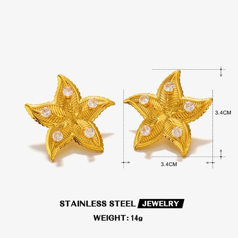 Casual Beach Starfish Shell 304 Stainless Steel Artificial Pearls Zircon 18K Gold Plated Polishing Inlay Rings Earrings