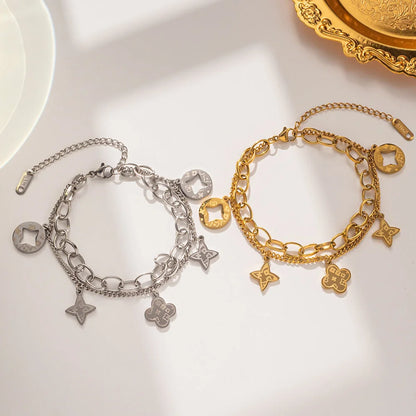 Women Letter Number Leaf Titanium Steel 18K Gold Plated Bracelets