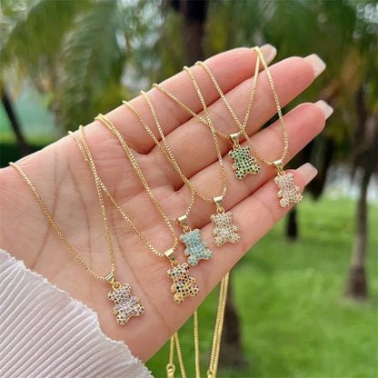 A Copper Plating 18K Gold Full Diamond Zircon Cute Childlike Style Multi Colors Bear Chain Necklace Suitable For Daily Wear Of All Ages Suitable For Gifts Original New Arrivals