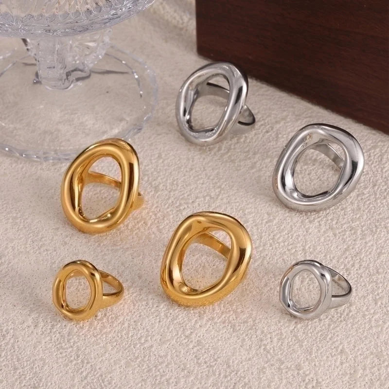 IG Style Minimalist Korean Style Oval 304 Stainless Steel 18K Gold Plated Hollow Out Rings