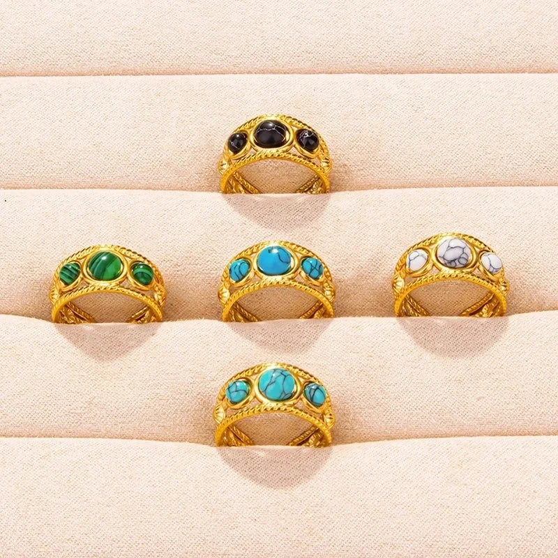 2 Pieces 304 Stainless Steel Minimalist Inlay Round Artificial Gemstones Rings