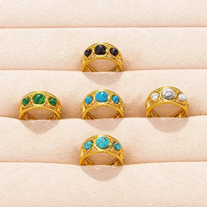 2 Pieces 304 Stainless Steel Minimalist Inlay Round Artificial Gemstones Rings