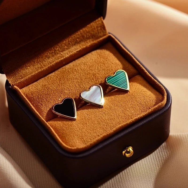 1 Pair Elegant Stripe Heart Shape Plating Inlay Copper Malachite Shell Gold Plated Ear Studs
