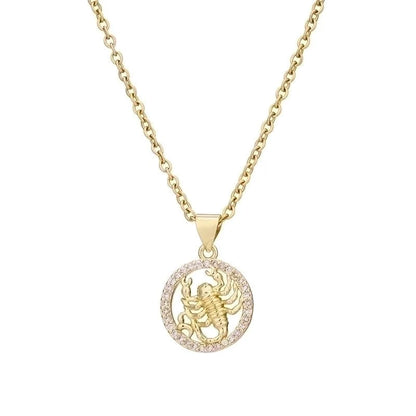 Fashion Twelve Constellation Copper Inlaid Zircon Gold Plated Stainless Steel Pendant Necklace