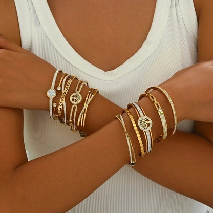 Luxurious French Style Life Tree 304 Stainless Steel 14K Gold Plated Rhinestones Bangle In Bulk