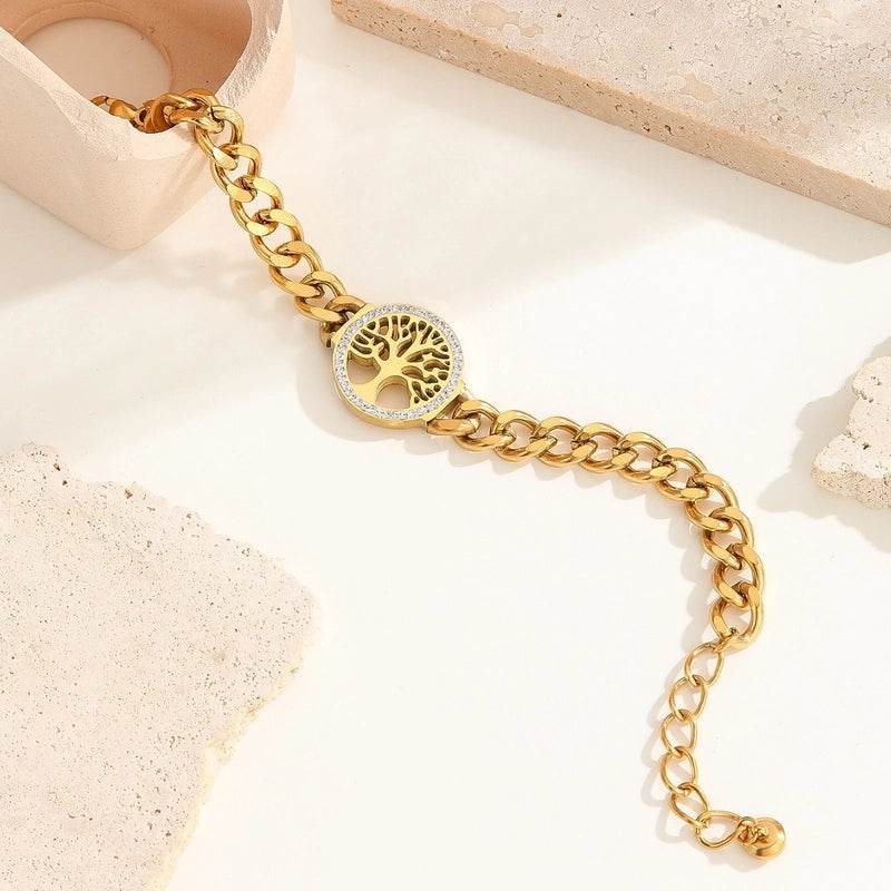 3 Pieces Elegant Four Leaf Clover Life Tree Titanium Steel Cuban Link Chain Curb Chain Bracelets In Bulk