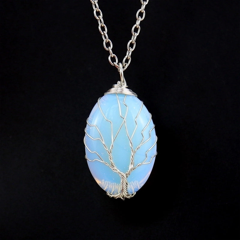 Minimalist Leaf Alloy Natural Stone Knitting Pendant Necklace