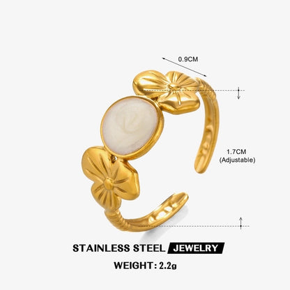 304 Stainless Steel 18K Gold Plated Minimalist Enamel Flower Open Rings