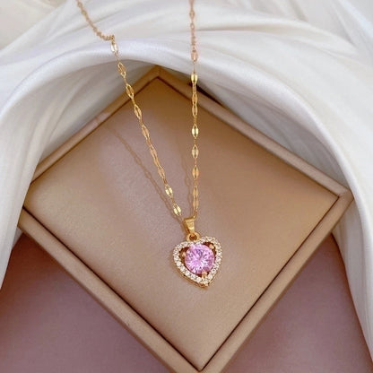 2 Pieces Minimalist Classic Style Geometric Heart Shape Titanium Steel Copper Zircon Pendant Necklace In Bulk