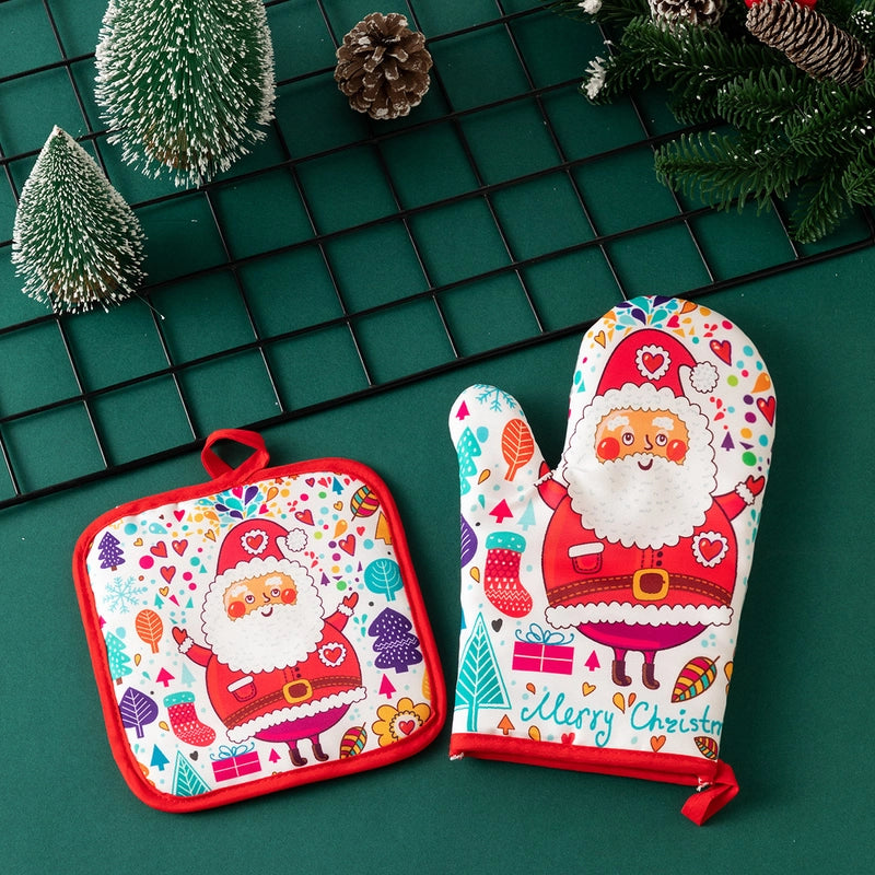 Christmas Minimalist Classic Style Christmas Tree Santa Claus Polyester Heat Resistant Gloves