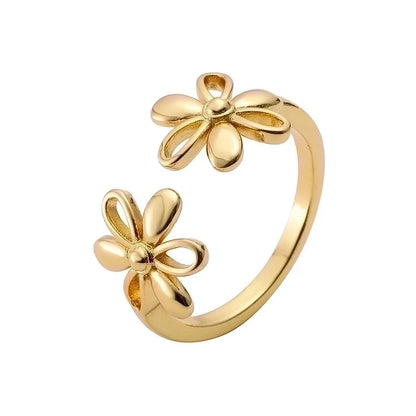 Retro French Style Minimalist Daisy Copper 18k Gold Plated Open Rings In Bulk