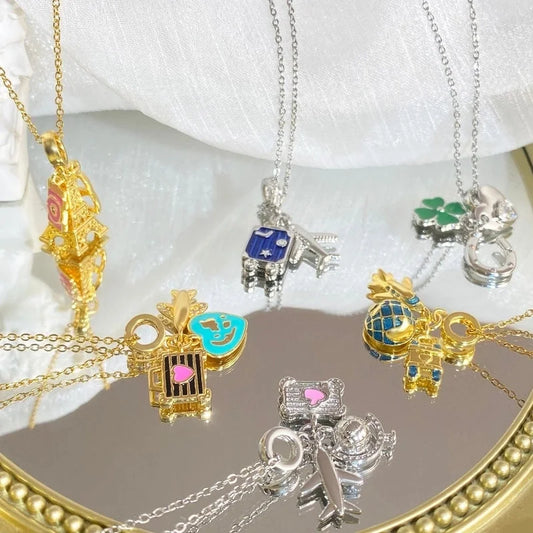 Copper Cable Chain Plating Four Leaf Clover Eiffel Tower Airplane Pendant Necklace
