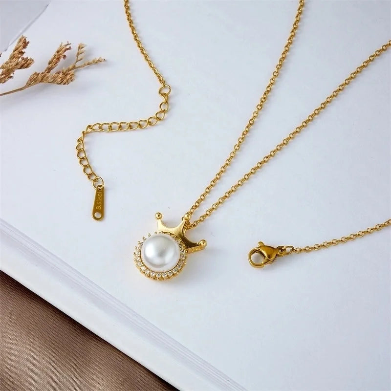 304 Stainless Steel Copper Inlay Crown Artificial Pearls Earrings Necklace