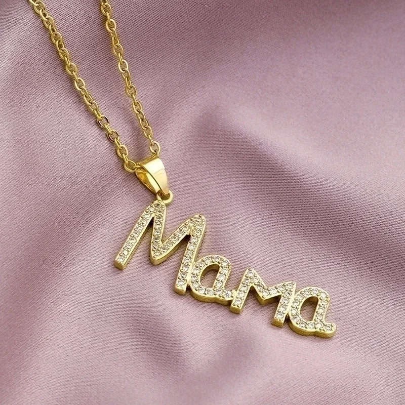 304 Stainless Steel Copper MAMA Minimalist Plating Inlay Letter Zircon Pendant Necklace