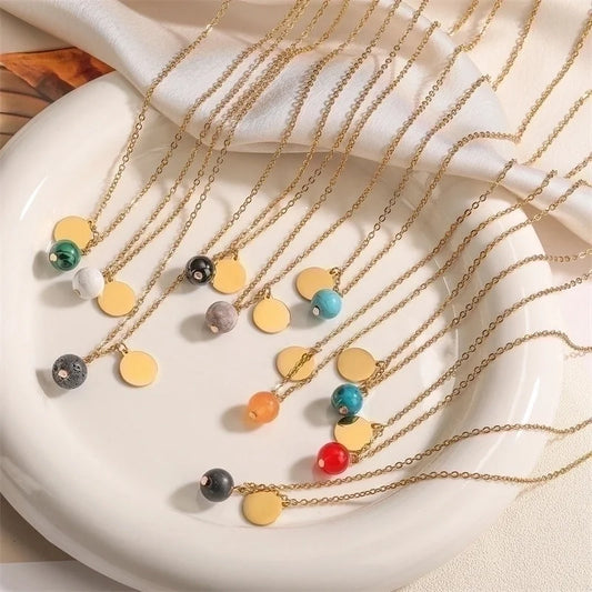 Punk Minimalist Round Natural Stone Pendant Necklace In Bulk