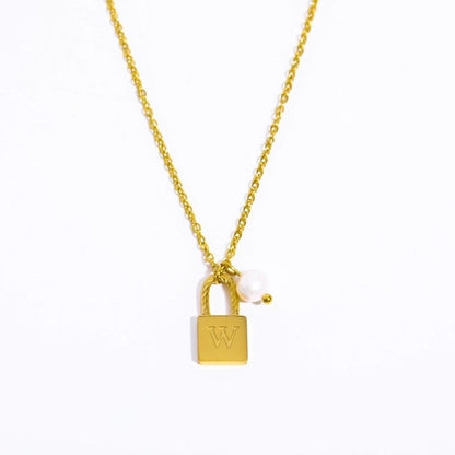 201 Stainless Steel 304 Stainless Steel Glass Gold Plated Casual Minimalist Pearl Plating Letter Lock Pendant Necklace