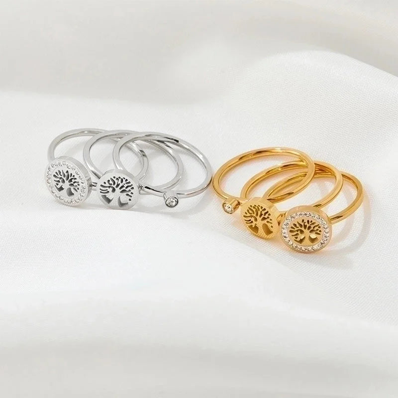 3 Pieces Retro Tree 304 Stainless Steel Rhinestones 16K Gold Plated White Gold Plated Gold Plated Inlay Stainless Steel Rings