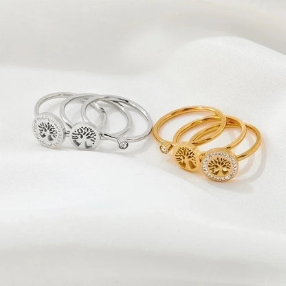 3 Pieces Retro Tree 304 Stainless Steel Rhinestones 16K Gold Plated White Gold Plated Gold Plated Inlay Stainless Steel Rings