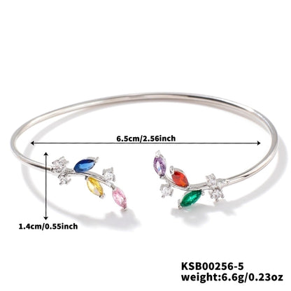 Copper K Gold Plated Shiny Metallic Inlay Geometric Leaf Zircon Bangle