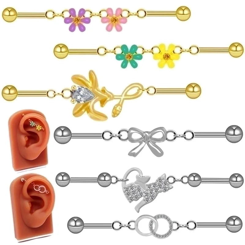 1 Piece Ear Cartilage Rings & Studs Sexy Minimalist Cat Flower Bow Knot 316L Stainless Steel Alloy Epoxy Plating Inlay Rhinestones Glass White Gold Plated Gold Plated Ear Cartilage Rings & Studs