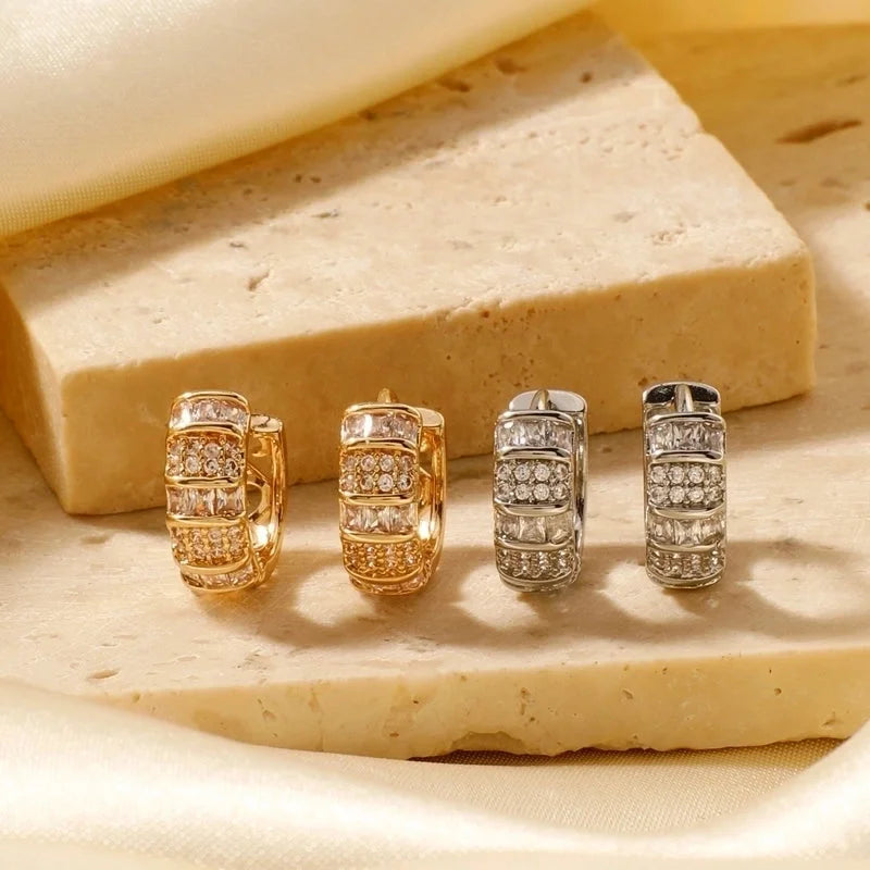 2 Pieces Glam Minimalist Shiny Geometric Inlay Copper Zircon K Gold Plated Earrings