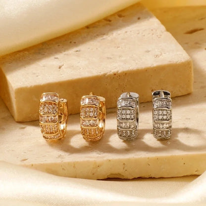 2 Pieces Glam Minimalist Shiny Geometric Inlay Copper Zircon K Gold Plated Earrings