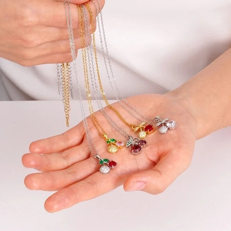 IG Style Glam Cherry 304 Stainless Steel Copper Zircon Inlay Pendant Necklace Cable Chain