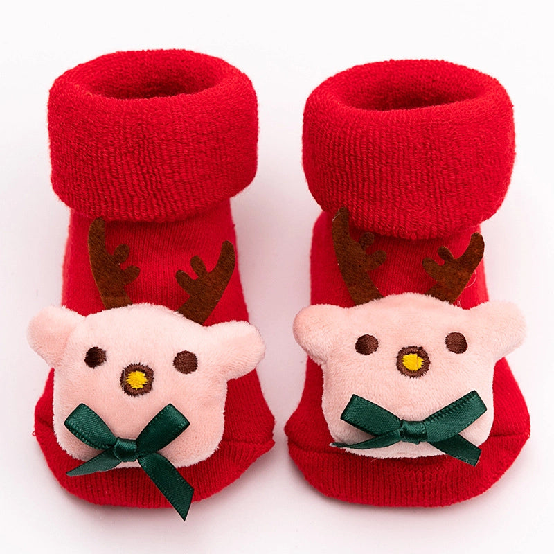 New Newborn Baby Socks Autumn And Winter A Cotton Red Terry Fleece-lined Thickened Non-slip Baby Christmas Floor Socks 1