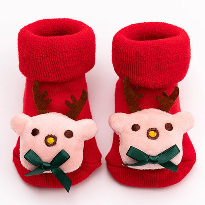 New Newborn Baby Socks Autumn And Winter A Cotton Red Terry Fleece-lined Thickened Non-slip Baby Christmas Floor Socks 1