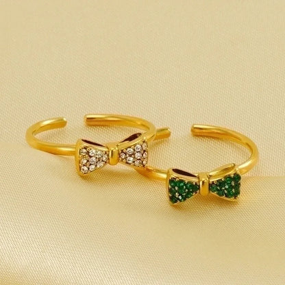 304 Stainless Steel 18K Gold Plated Retro Sweet Plating Inlay Bow Knot Zircon Open Rings