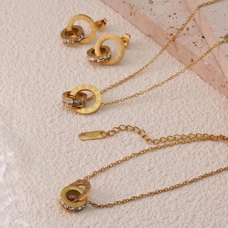Classic Style Roman Style Commute Round Roman Numeral 304 Stainless Steel Zircon 18K Gold Plated Inlay Bracelets Earrings Necklace