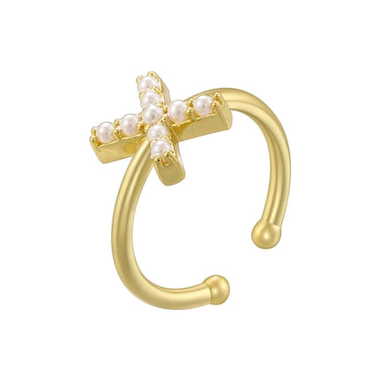 Copper 18K Gold Plated Plating Inlay Letter Artificial Pearls Open Rings