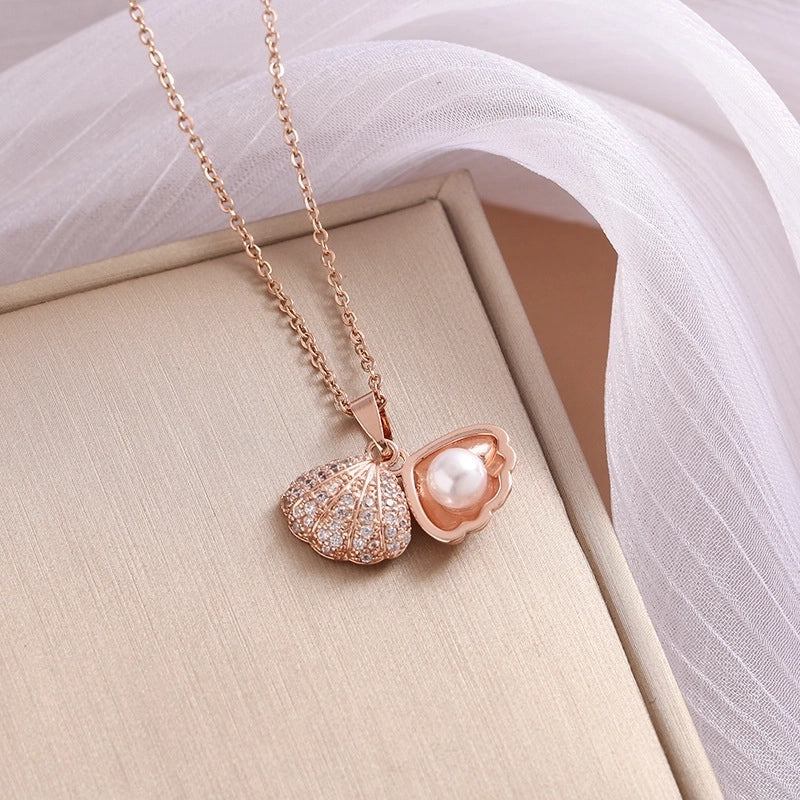 Casual Sweet Shell 304 Stainless Steel Pearl Zircon 18K Gold Plated Inlay Pendant Necklace
