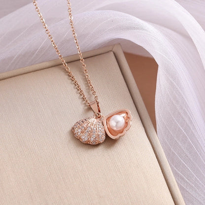 Casual Sweet Shell 304 Stainless Steel Pearl Zircon 18K Gold Plated Inlay Pendant Necklace
