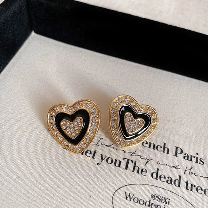 1 Pair Retro Color Block Heart Shape Pleated Inlay Copper Rhinestones Drop Earrings